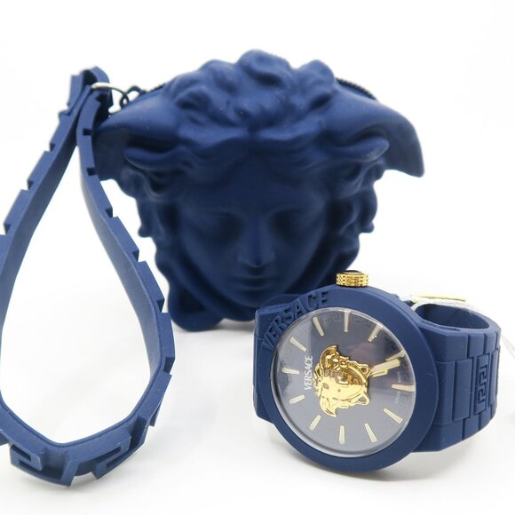 Versace VEEFA0524 Blue & Gold Medusa, Silicone Swiss Quartz New Unisex Watch - Picture 1 of 9